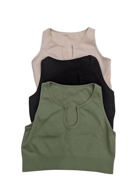 OQQ Ribbed Seamless Crop Tank Top Set 3 Pc Green Black Beige Size L
